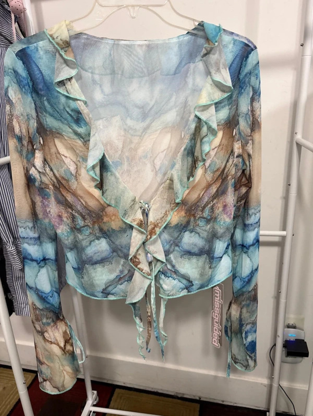 NWT Missguided Watercolor Mesh Ruffle Long Sleeve Crop Top - L